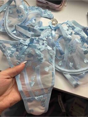 Light Blue Lingerie Set Peekaboo Bra High Rise Thong Bridal Stripper Mesh Lace M